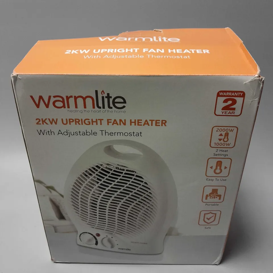 BOXED WARMLITE 2KW UPRIGHT FAN HEATER WITH ADJUSTABLE THERMOSTAT