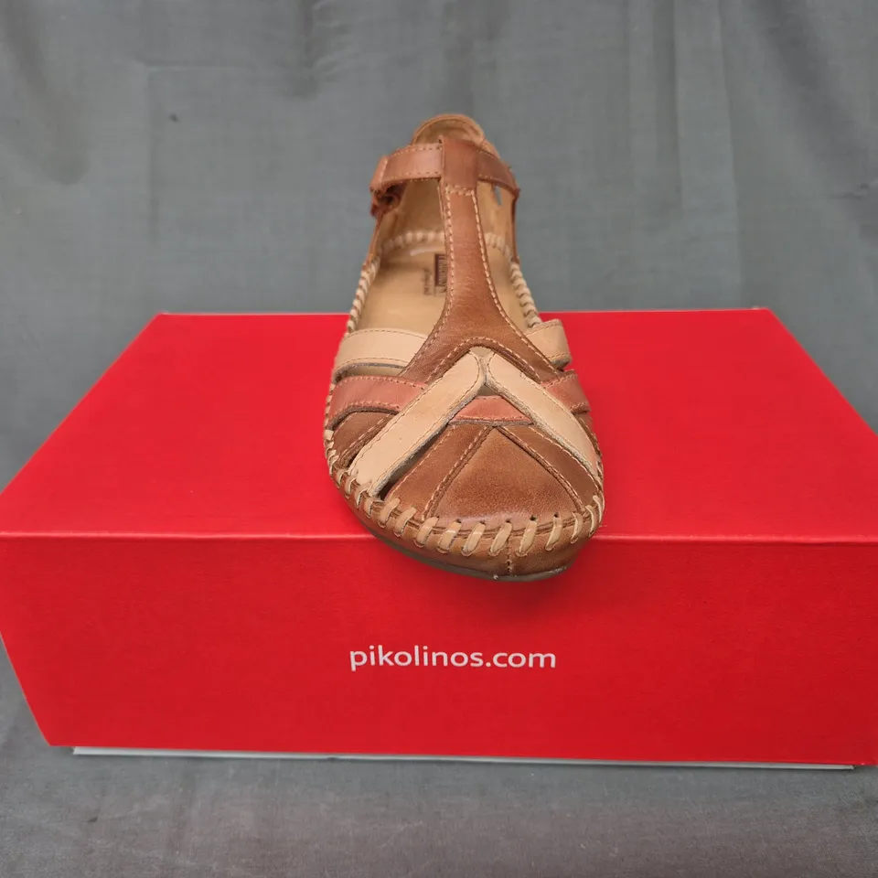 BOXED PAIR OF PIKOLINOS SANDALS IN BROWN EU SIZE 37