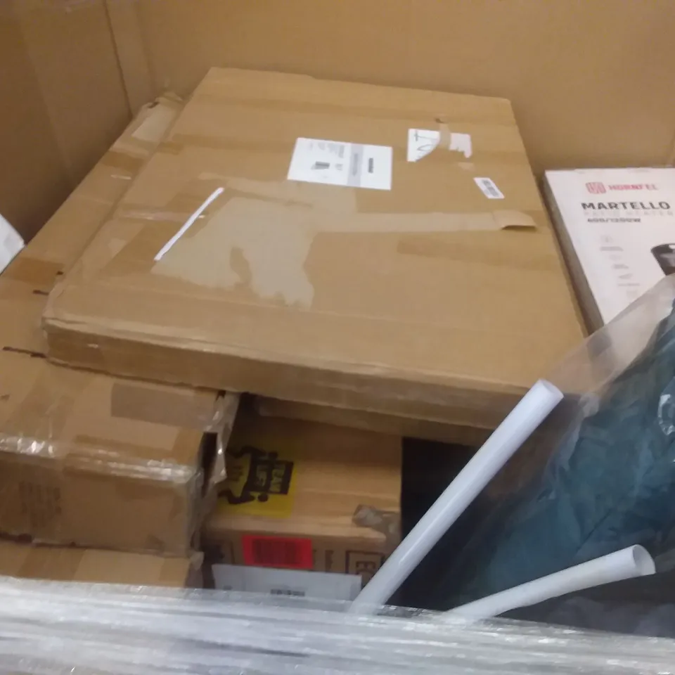 PALLET OF ASSORTED ITEMS INCLUDING INBOARD PADDLE BOARD, POP UP TENT, TENNIS BASELINE, FLYBIRD DUMBELL BENCH, AIR COOLER, PROJECTOR SCREEN