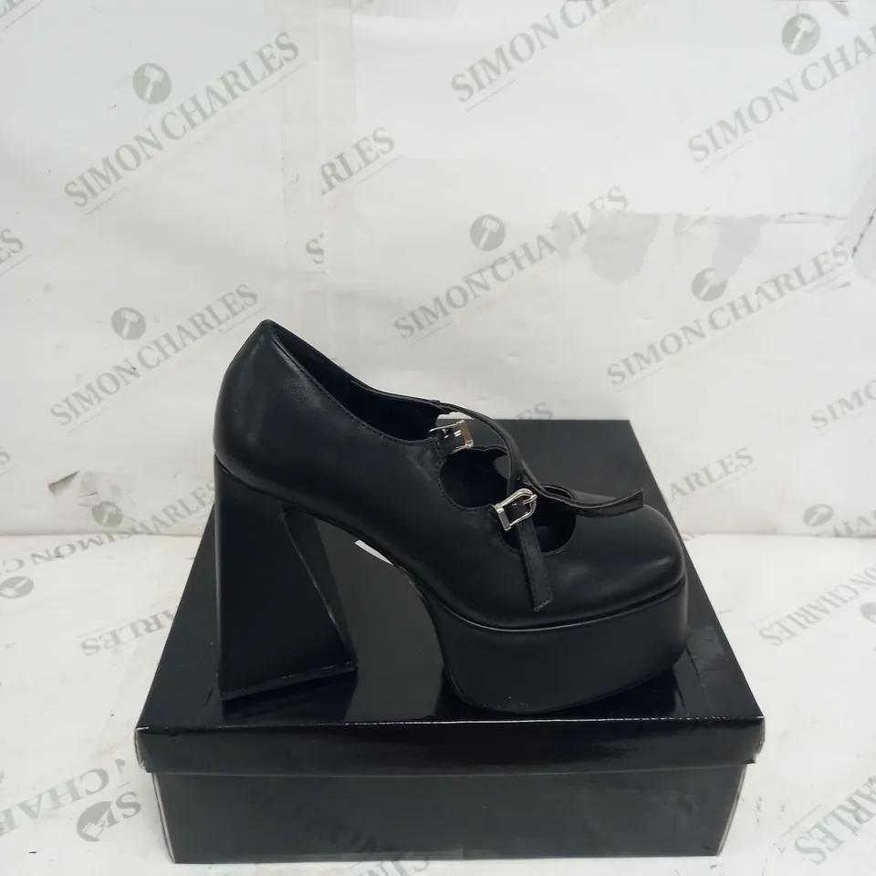 BOXED PAIR OF KOI FOOTWEAR PU STRAPPY PLATFORM HEEL IN BLACK - SIZE 5