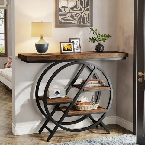 TRIBESIGNS CONSOLE TABLE, 39.4-INCH ENTRYWAY TABLE WITH THICKENED TABLETOP, 4- TIER INDUSTRIAL NARROW HALLWAY SOFA TABLE WITH GEOMETRIC METAL FRAME FOR LIVING ROOM, ENTRYWAY (RUSTIC BROWN)