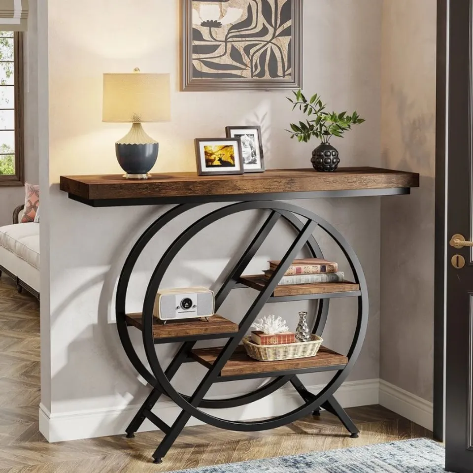 TRIBESIGNS CONSOLE TABLE, 39.4-INCH ENTRYWAY TABLE WITH THICKENED TABLETOP, 4- TIER INDUSTRIAL NARROW HALLWAY SOFA TABLE WITH GEOMETRIC METAL FRAME FOR LIVING ROOM, ENTRYWAY (RUSTIC BROWN)