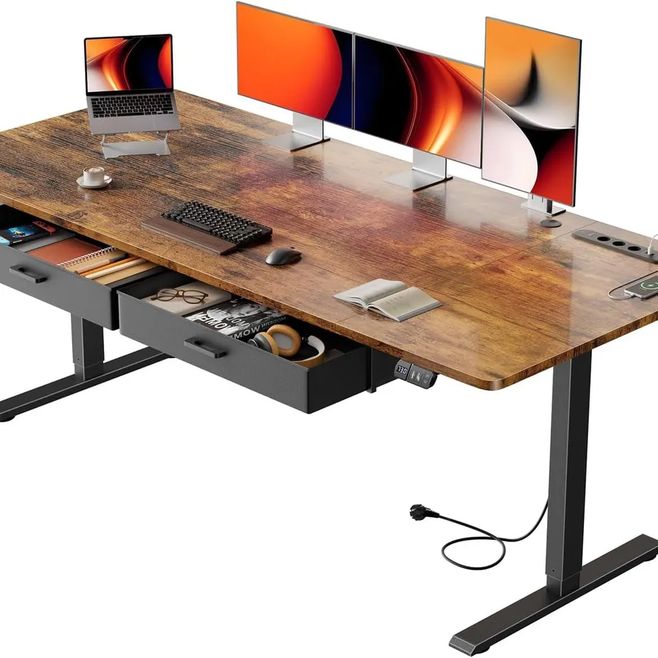 SOLAVERO 180×80 CM SITTING STANDING DESK WITH BUILT-IN PLUG, USB-C PORT, 2 REMOVABLE DRAWERS, MEMORY POSITIONS AND ANTI-COLLISIO SYSTEM, RUSTIC BROWN