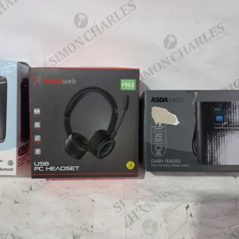 BOX OF APPROXIATELY 15 ASSORTED HOUSEHOLD ITEMS TO INCLUDE ASDA TECH DAB+ RADIO, ASDA TECH PORTABLE STEREO BLUETOOTH SPEAKER, BLACKWEB USB PC HEADSET, ETC