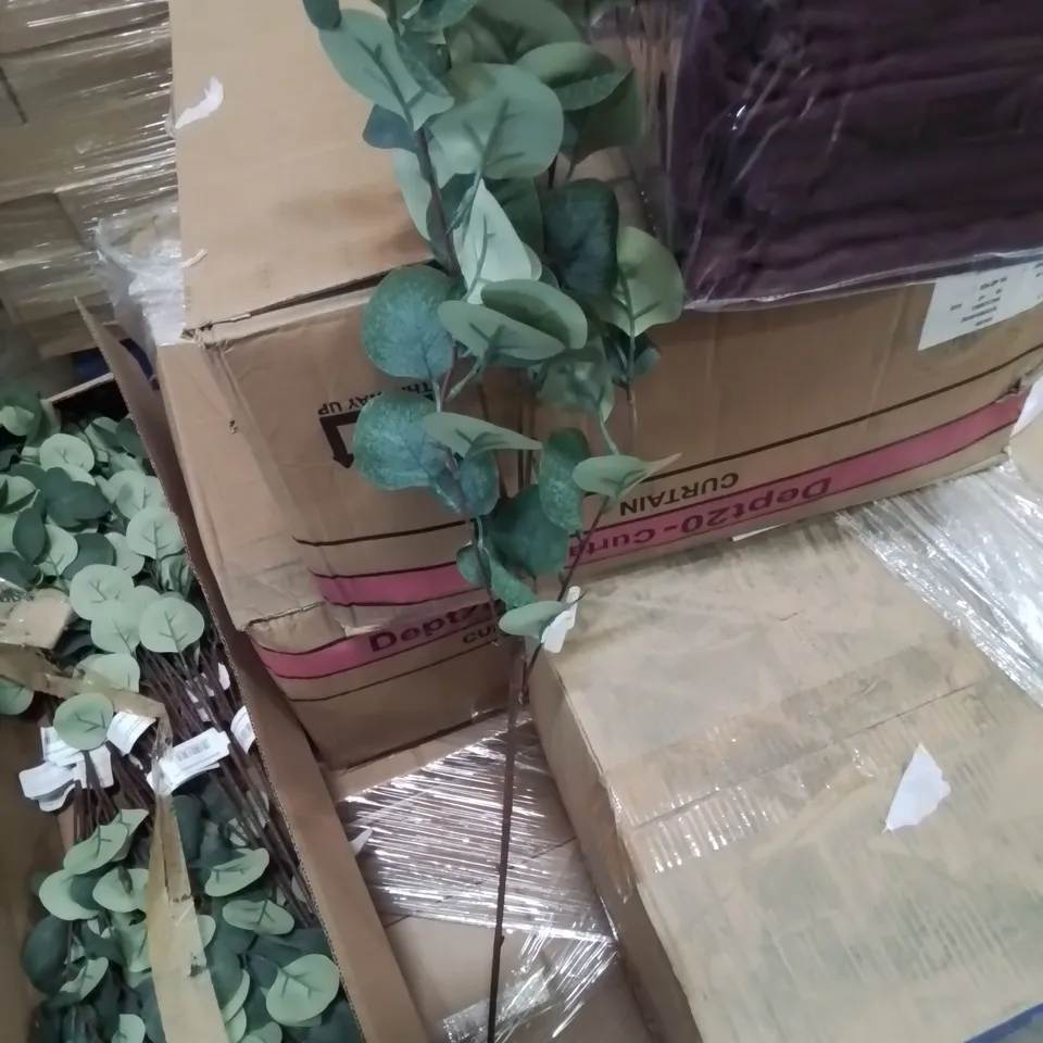 PALLET CONTAINING 4 BOXES OF X4 PLAIN EYELET CURTAINS, APPROXIMATELY 15 BOXES OF FAUX EUCALYPTUS PLANTS