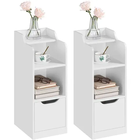BOXED YAHEETECH 2-PIECE SET OF BEDSIDE TABLES, 25 CM NARROW SIDE TABLES WITH DRAWER, MODERN NIGHTSTAND WITH 2 STORAGE COMPARTMENTS, WHITE