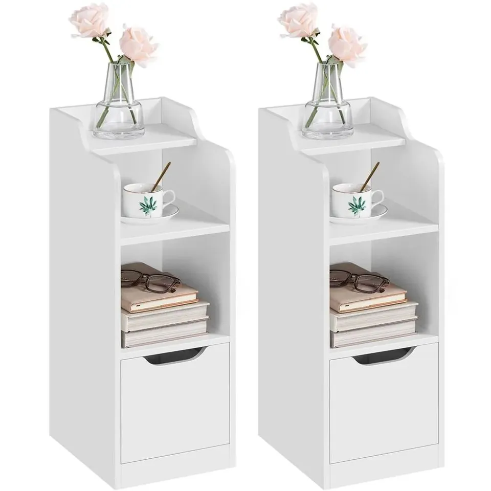 BOXED YAHEETECH 2-PIECE SET OF BEDSIDE TABLES, 25 CM NARROW SIDE TABLES WITH DRAWER, MODERN NIGHTSTAND WITH 2 STORAGE COMPARTMENTS, WHITE