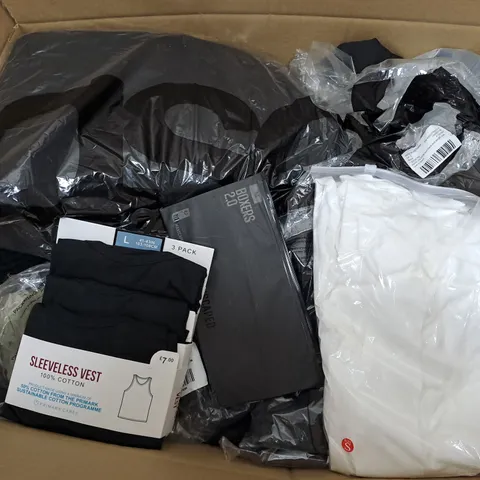BOX OF ASSORTED CLOTHING ITEMS TOO INCLUDE JUMPERS, SHIRTS AND TROUSERS IN VARIOUS SIZES AND COLOURS   