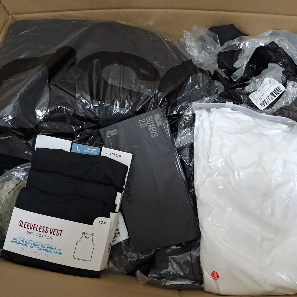 BOX OF ASSORTED CLOTHING ITEMS TOO INCLUDE JUMPERS, SHIRTS AND TROUSERS IN VARIOUS SIZES AND COLOURS   