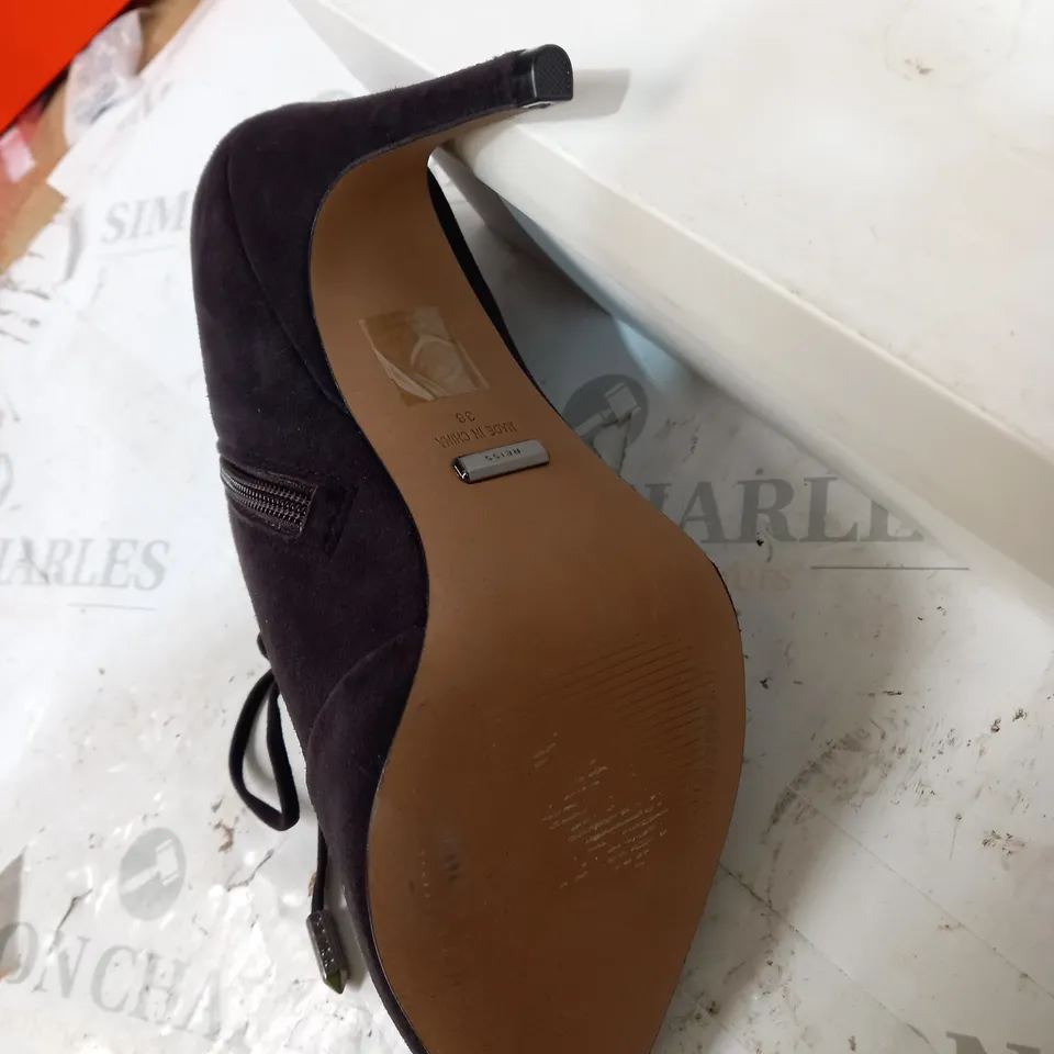 BOXED REISS SUEDE CHOCOLATE BOOT HEELS - SIZE 5