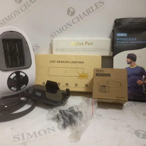 BOX OF APPROXIMATELY 5 ASSORTED ITEMS TO INCLUDE STYLUS PEN, PORTABLE HEATER, HEADLAMP ETC