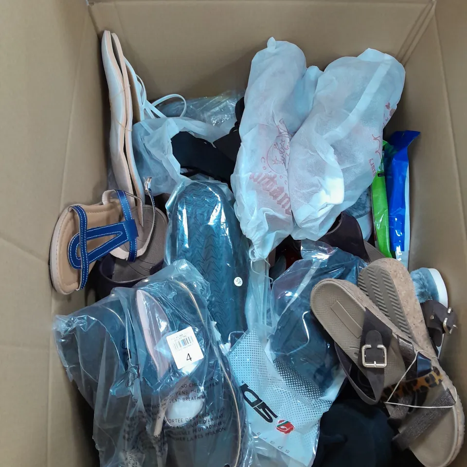 BOX OF APPROXIMATELY 30 ASSORTED PAIRS OF SHOES AND FOOTWEAR ITEMS IN VARIOUS COLOURS, STYLES, AND SIZES - COLLECTION ONLY