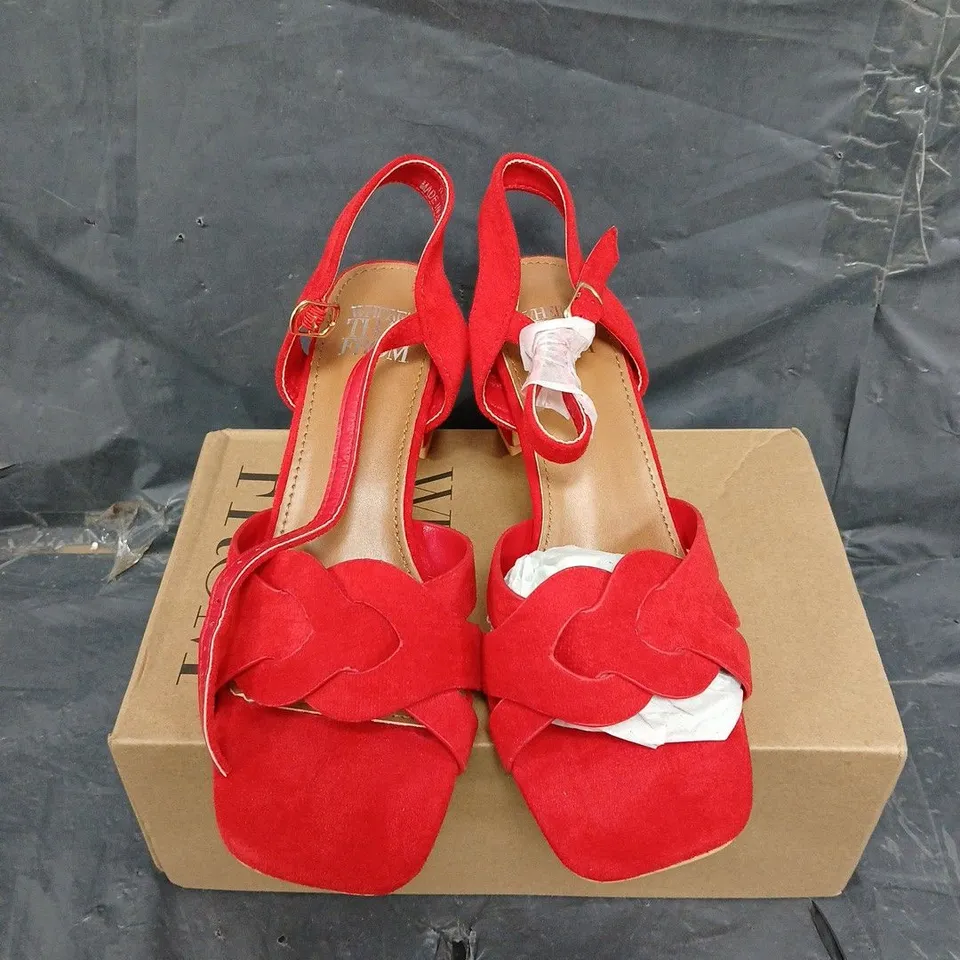 BOXED PAIR OF WHERE THEY FROM OPEN TOE SUEDE SHOES IN RED - UK SIZE 4