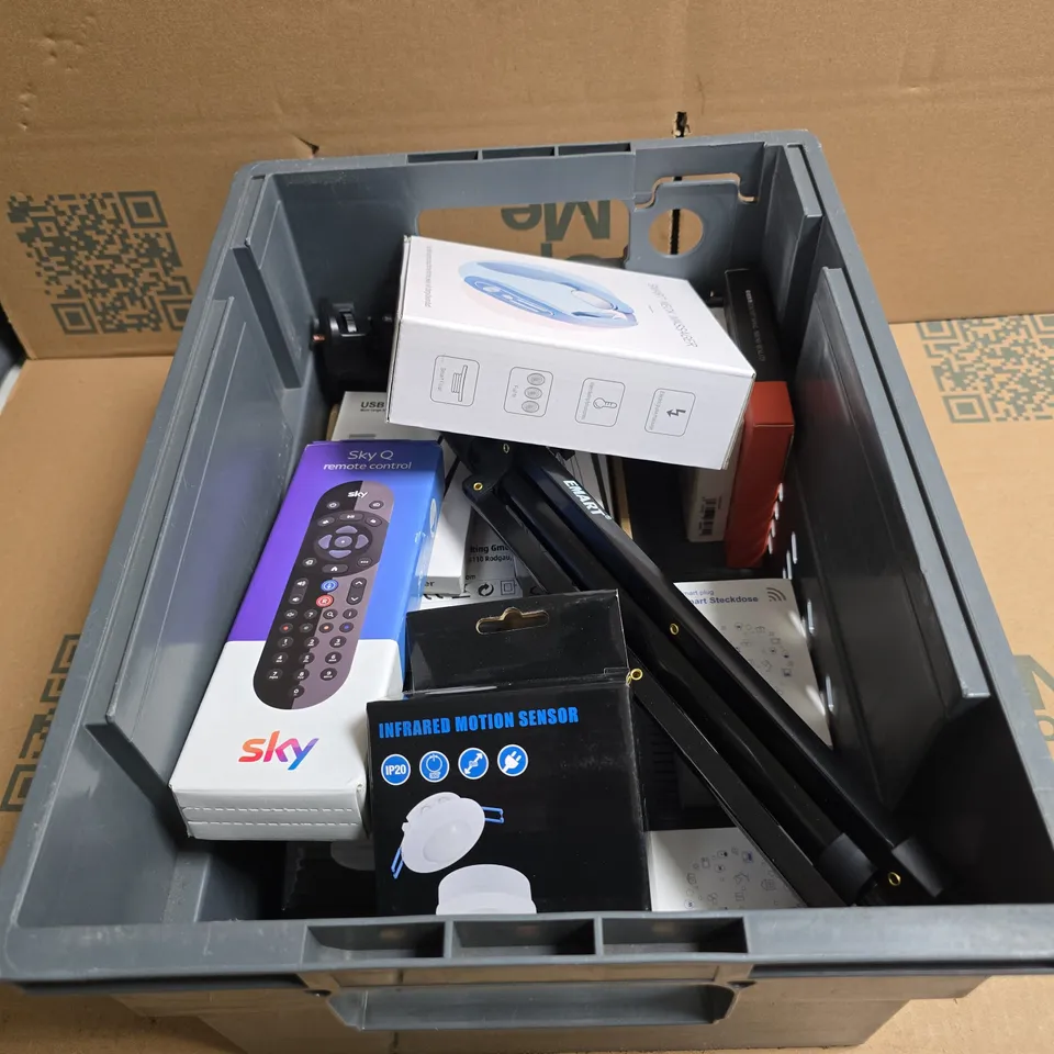 TOTE OF APPROXIMATELY 10 ASSORTED ITEMS TO INCLUDE SMART NECK MASSAGER, SKY Q REMOTE CONTROL, INFRARED MOTION SENSOR, SMART PLUG ETC