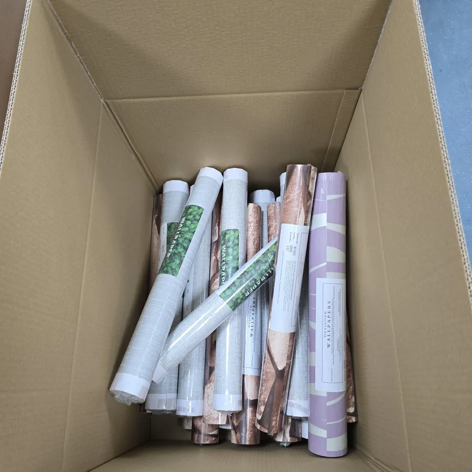 BOX OF APPROXIMATELY 22 ROLLS OF ASSORTED WALLPAPER, STILL WRAPPED.