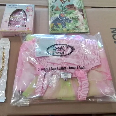 PALLET OF ASSORTED KIDS PRODUCTS AND ITEMS TO INCLUDE;LUCY LOCKET DRESSES,TOADSTOOL FAIRY DOOR,DINOSAUR WRITING SET,BRACELET