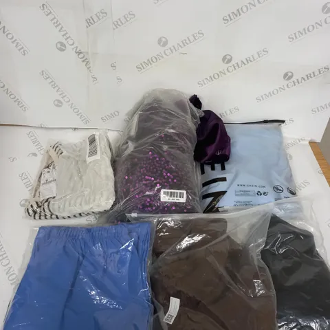 LARGE BOX OF ASSORTED CLOTHING ITEMS IN VARIOUS COLOURS AND SIZES INCLUDING TROUSERS , TOPS AND JUMPERS
