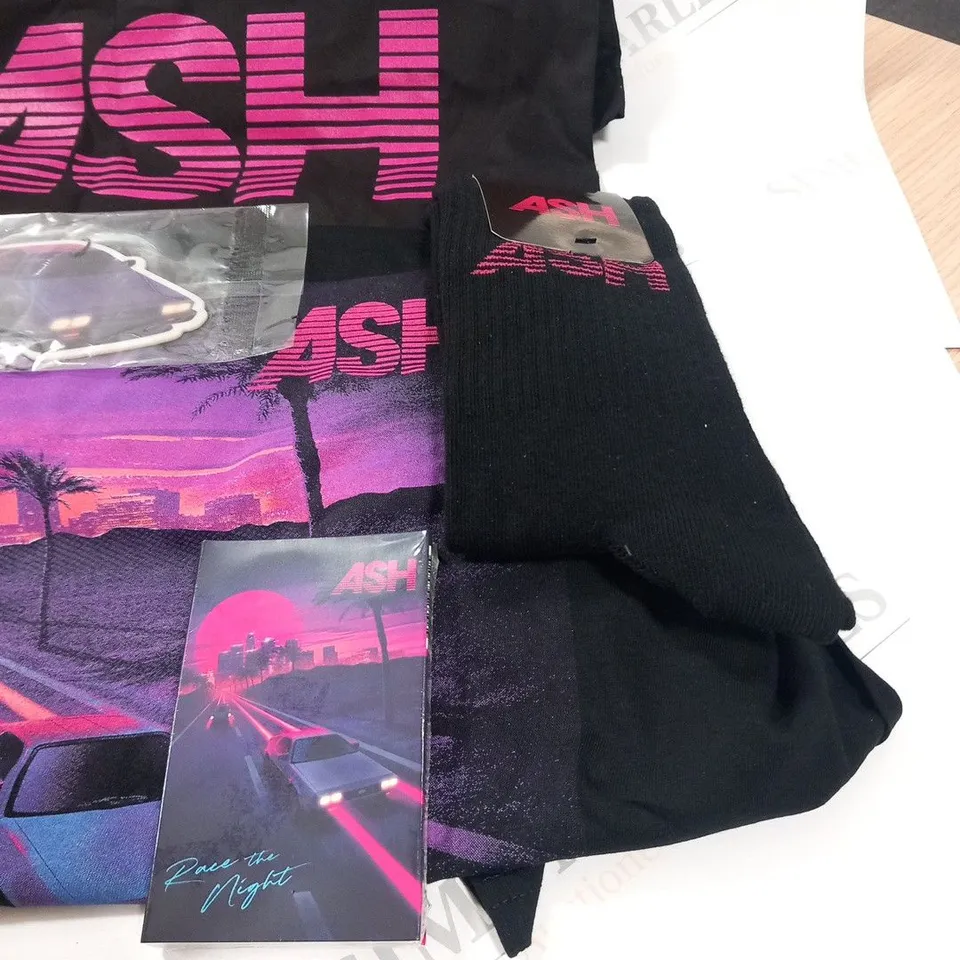 ASH RACE THE NIGHT ALBUM COLLECTION TO INCLUDE; SIGNED CD, PURPLE CASSETTE, ALBUM T-SHIRT, SOCKS, PINK LOGO TOTE BAG, TRUCKER CAP AND CAR AIR FRESHNER