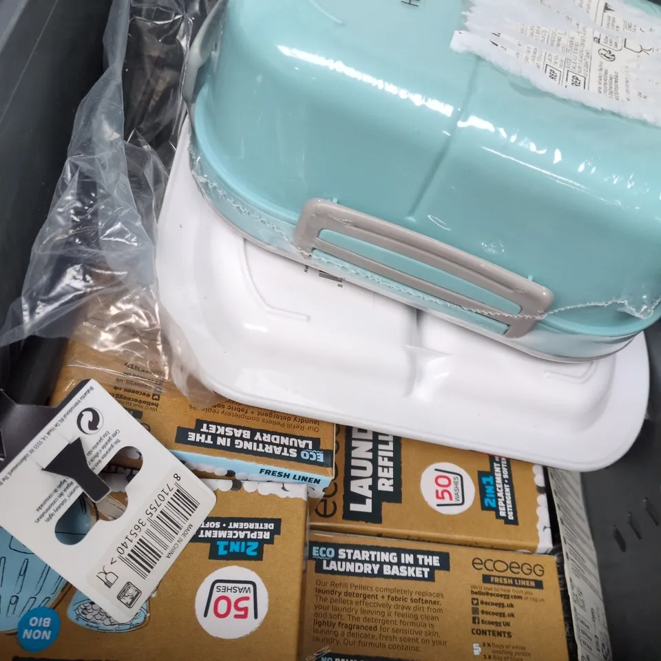 APPROXIMATELY 15 ASSORTED HOUSEHOLD LIQUIDS INCLUDING RADIATOR BRACKETS , ECO LAUNDRY EGGS AND UK TO AUSTRALIA PLUG ADAPTOR 