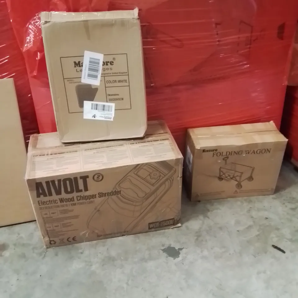 PALLET OF ASSORTED HOUSEHOLD GOODS AND PRODUCTS TO INCLUDE;LETTER BOX,ELECTRIC WOOD CHIPPER SHREDDER,FOLDING WAGON