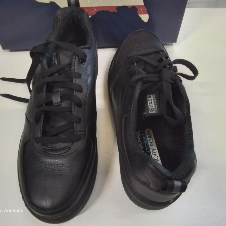 BOXED  PAIR OF SKECHERS BLACK LEATHER TRAINERS - UK 6