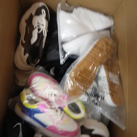 BOX OF APPROXIMATELY 12 PAIRS OF ASSORTED SHOES IN VARIOUS COLOUR, STYLES AND SIZES