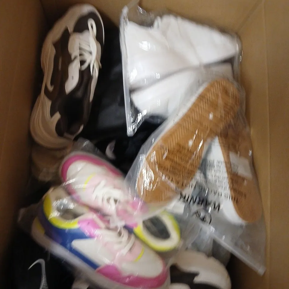 BOX OF APPROXIMATELY 12 PAIRS OF ASSORTED SHOES IN VARIOUS COLOUR, STYLES AND SIZES