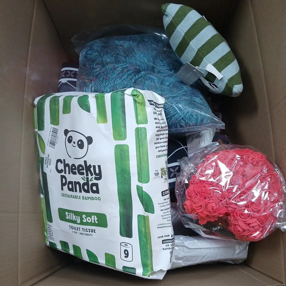 BOX OF APPROXIMATELY 15 ASSORTED HOUSEHOLD ITEMS INCLUDING STATEMENT CUSHION WITH POCKET , MULTI COLOURED KNITTING WOOL AND CHEEKY PANDA TOILET ROLLS