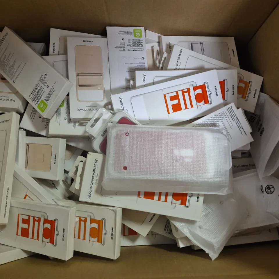 BOX OF APPROXIMATELY 45 SAMSUNG PHONE CASES TO INCLUDE - SILICONE COVER WITH STRAP , FLAP LEATHER COVER GALAXY Z FLIP 4 , HYPERKNIT COVER GALAXY S9+ ETC
