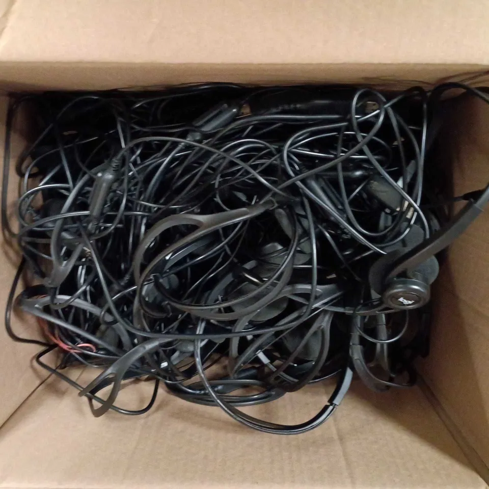 BOX OF APPROXIMATELY 20 LOGI HEADSETS