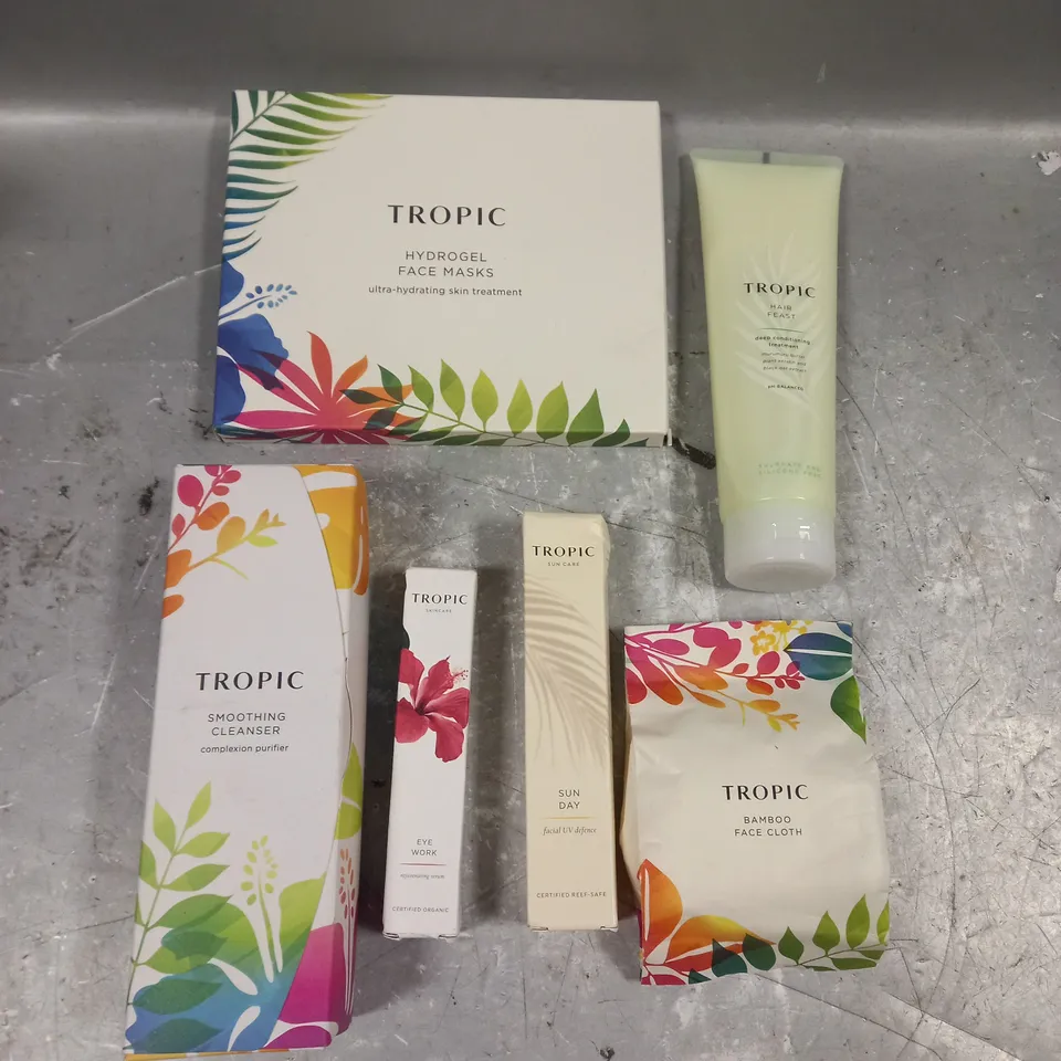 TROPIC SKINCARE LOT OF 6 PRODUCTS TO INCLUDE - HYDROGEL FACE MASKS - SUN DAY UV DEFENCE - EYE WORK REJUVINATING CREAM - ETC