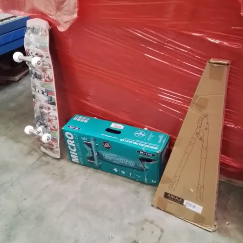 PALLET OF ASSORTED HOUSEHOLD GOODS AND PRODUCTS TO INCLUDE;SKATEBOARD,SCOOTER,BOLT CUTTERS