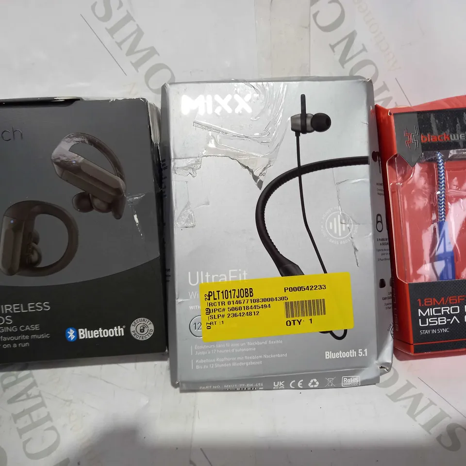 LOT OF APPROXIMATELY 20 ASSORTED HOUSEHOLD ITEMS TO INCLUDE ASDA TECH TRUE WIRELESS EARBUDS, MIXX ULTRAFIT WIRELESS HEADPHONES, BLACKWEB MICRO USB TO USB-A CABLE, ETC