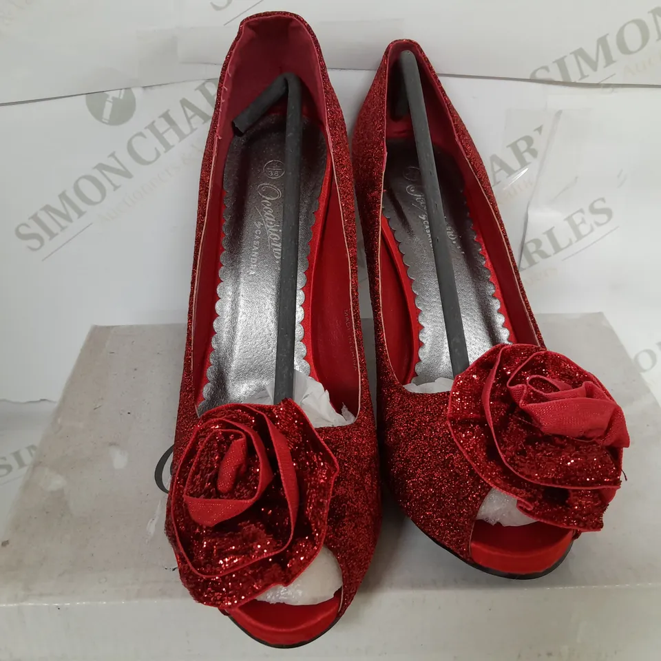 BOXED PAIR OF OCCASSIONS BY CASANDRA OPEN TOE ROSE DETAIL HEELS IN RED - SIZE 5
