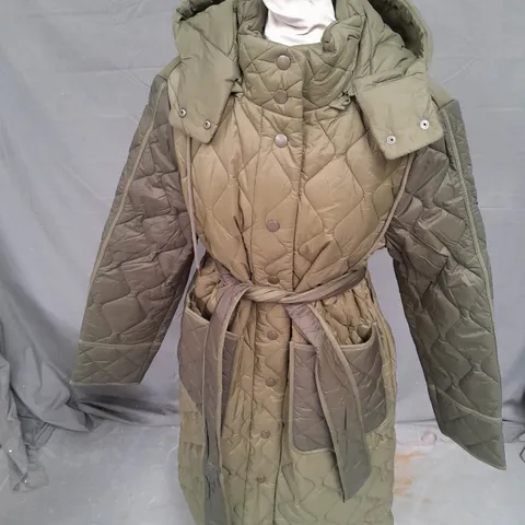 BODEN QUILTED LONG JACKET IN DARK KHAKI SIZE 14