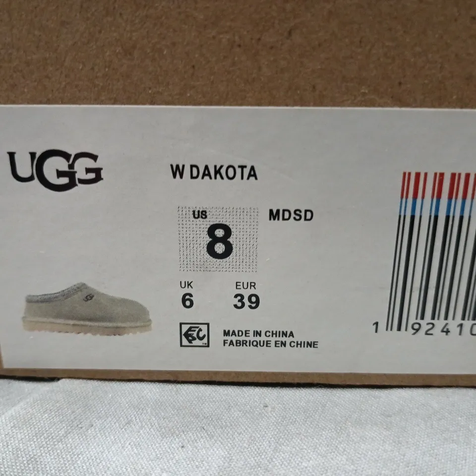 UGG WOMEN'S DAKOTA SLIPPERS – BEIGE SUEDE, SHEARLING TRIM, UK 6