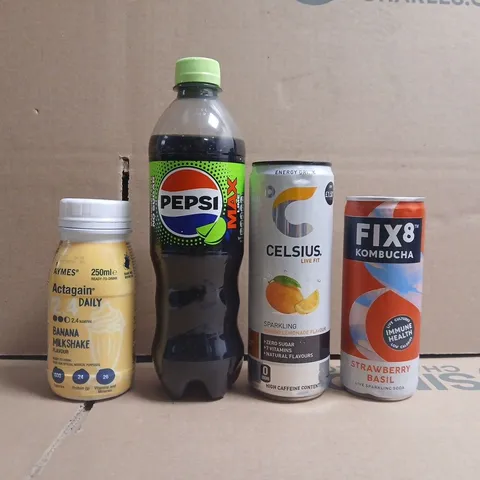 APPROXIMATELY 10 ASSORTED FOOD AND DRINK ITEMS TO INCLUDE CELSIUS, PEPSI MAX, ETC