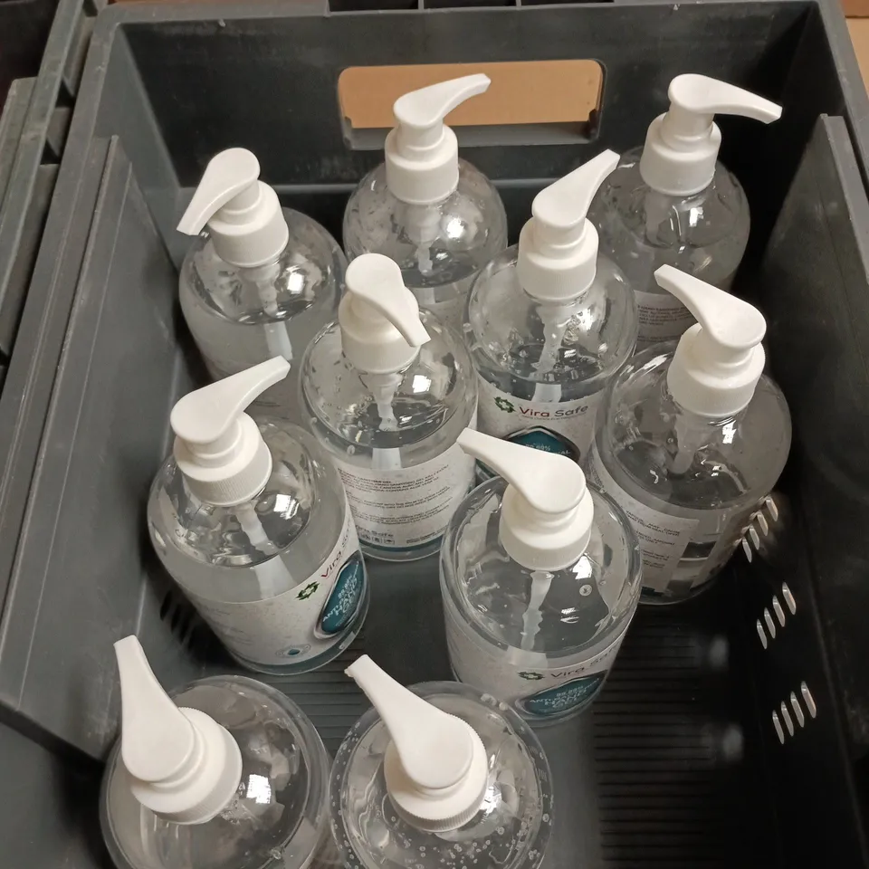 TOTE OF APPROXIMATELY 10 BOTTLES OF VIRA SAFE ANTI-BACTERIAL HAND GEL 500ML PER BOTTLE