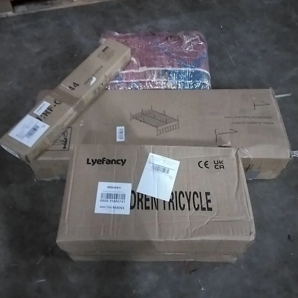 PALLET OF HOUSEHOLD ITEMS TO INCLUDE CHILDREN'S TRICYCLE, FLOATING SHELF,METAL BED FRAME, RUG AND OTHER ASSORTED ITEMS...