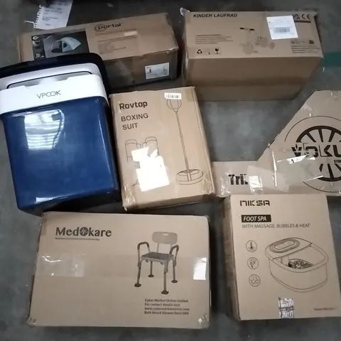 PALLET OF ASSORTED ITEMS INCLUDING NIKSA FOOT SPA, MEDOKARE EASY FIT SHOWER STOOL, ROVTOP BOXING SUIT, PORTAL ZETA 4 TENT, VPCOK ICE BOX, VOKUL STUNT SCOOTER
