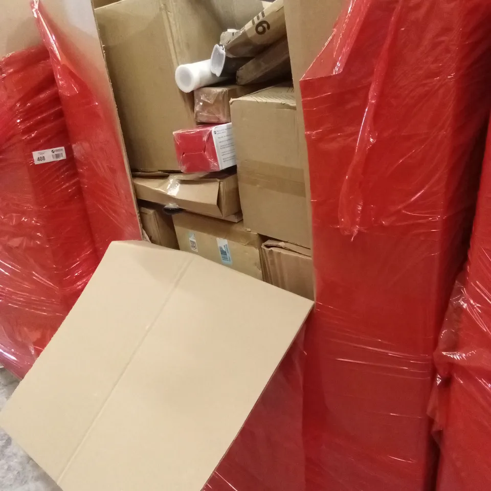 PALLET OF ASSORTED HOUSEHOLD GOODS AND PRODUCTS TO INCLUDE; SUITCASE, CHAIR MAT, BOXED FURNITURE ETC