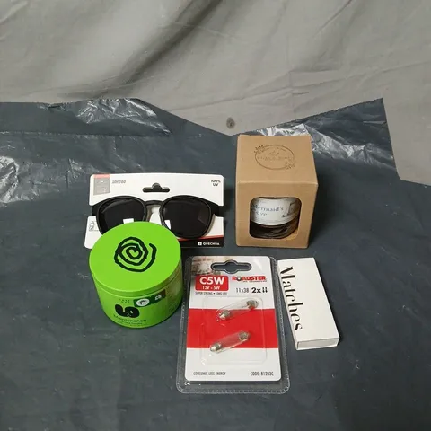 APPROXIMATELY 15 ASSORTED ITEMS TO INCLUDE CANDLES, SUNGLASSES, MATCHES, CAR BULB ETC