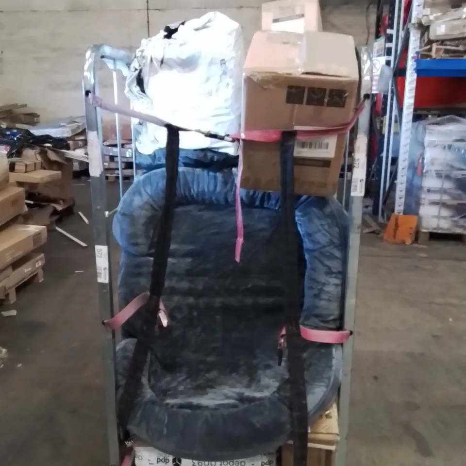 CAGE OF ASSORTED HOUSEHOLD GOODS AND PRODUCTS TO INCLUDE;DOG BED,TRASH CAN,LAUNDRY HAMPER,TOILET SEAT