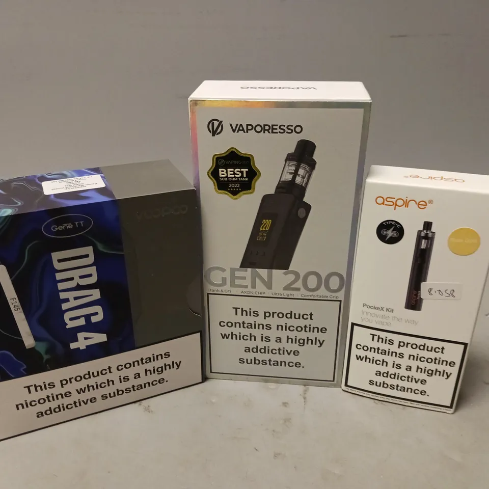 APPROXIMATELY 20 VAPES & E-CIGARETTES TO INCLUDE VAPORESSO GEN 200, VOOPOO DRAG 4, ASPIRE POCKEX, ETC