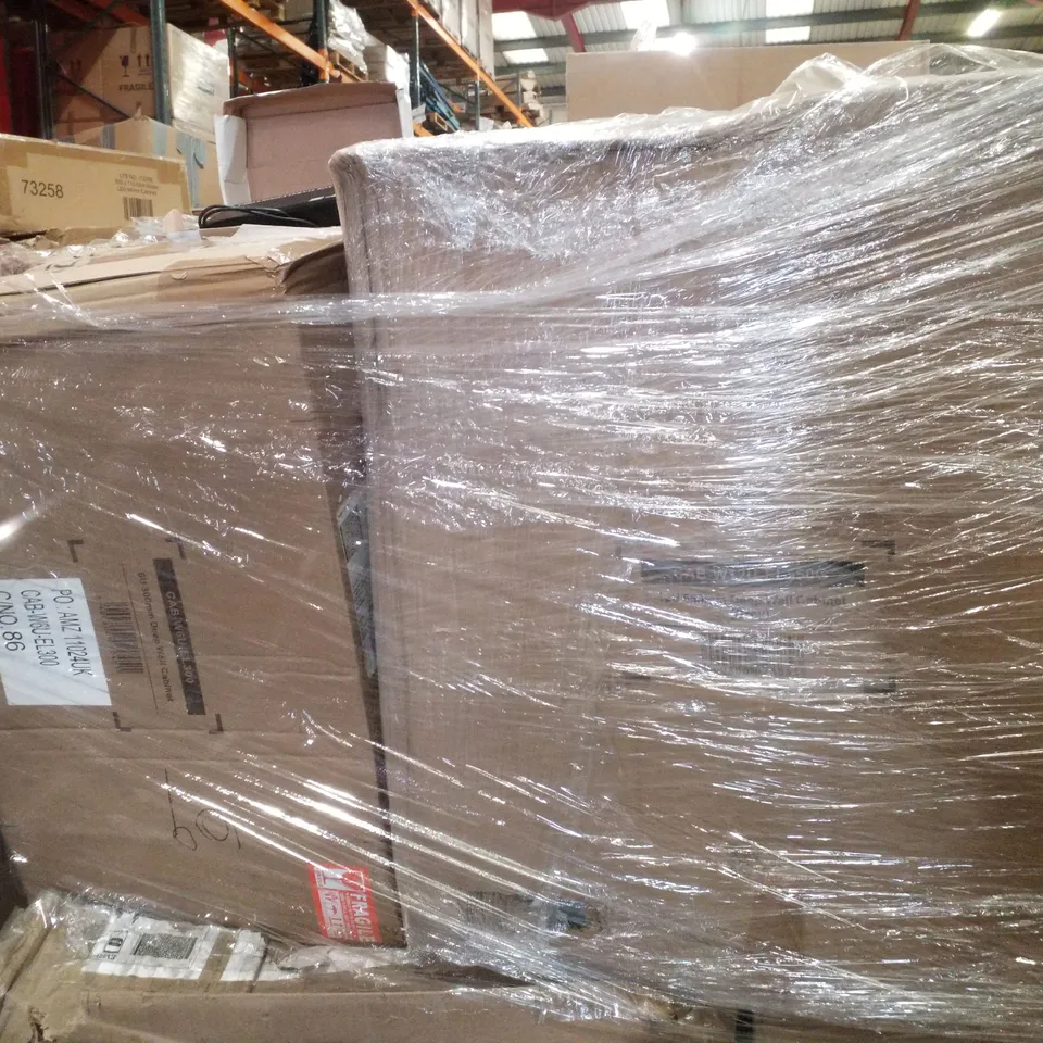 PALLET CONTAINING ASSORTED PRODUCTS INCLUDING 2 PORT NWAY ETHERNET SWITCHES, USB A TO USB B CABLES, NETWORK WALL CABINETS & HDD EXTERNAL BOX