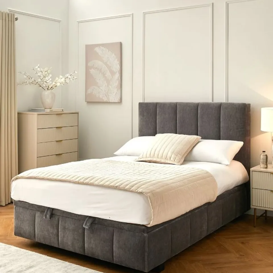 BOXED REMY END LIFT UP STORAGE OTTOMAN DOUBLE SIZE BED - GREY (6 BOXES)