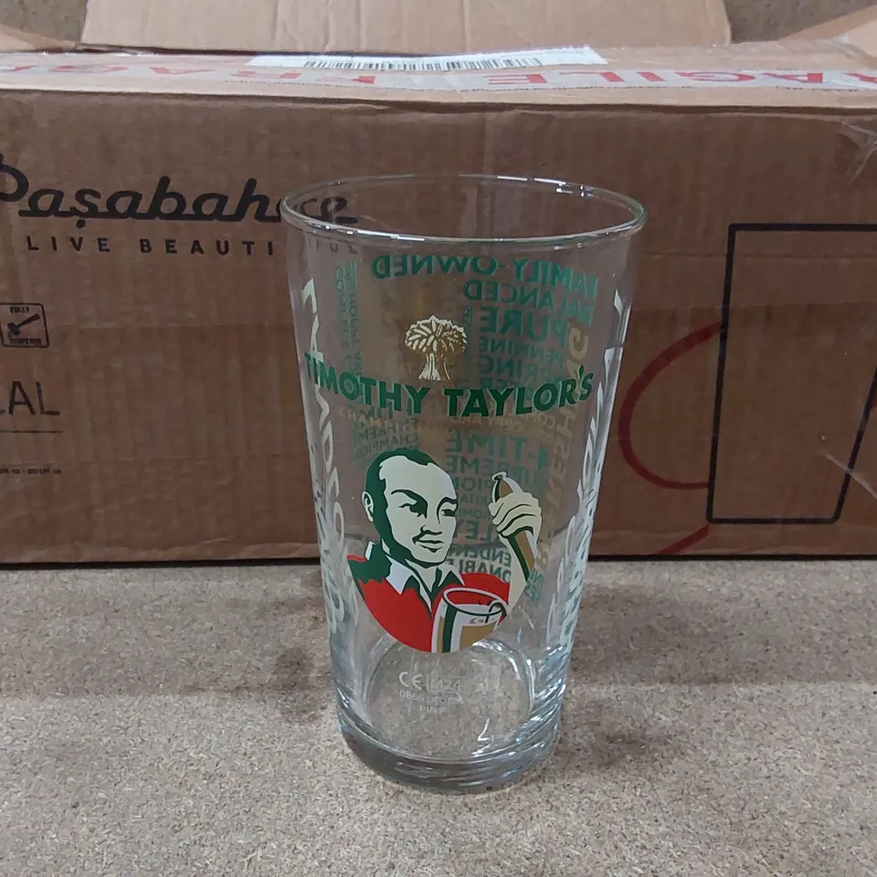 BOX OF APPROXIMATELY 12x TIMOTHY TAYLOR'S PINT GLASSES