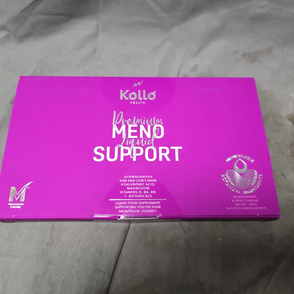 BOXED AND SEALED KOLLO HEALTH PREMIUM MENO LIQUID SUPPORT BLACKCURRANT & APPLE FLAVOUR (14X21.5G SACHETS)