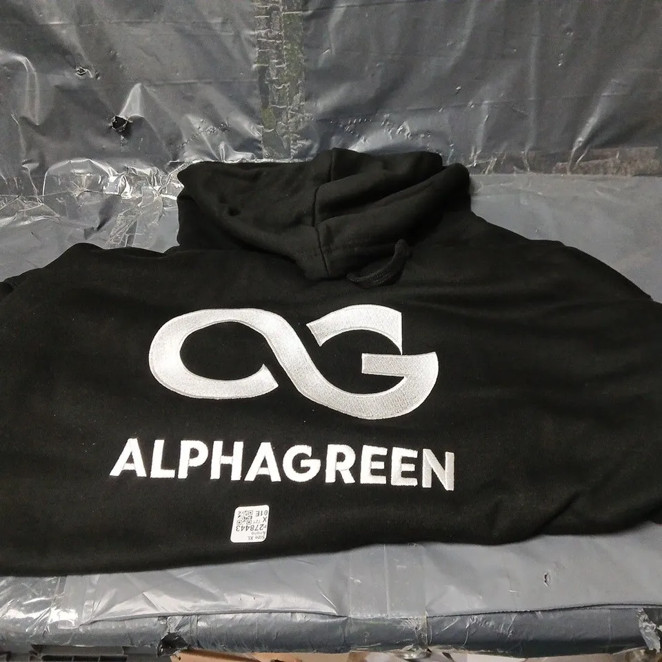 APPROXIMATELY 14 ALPHAGREEN HOODIE – BLACK WITH WHITE LOGO-SIZE XL