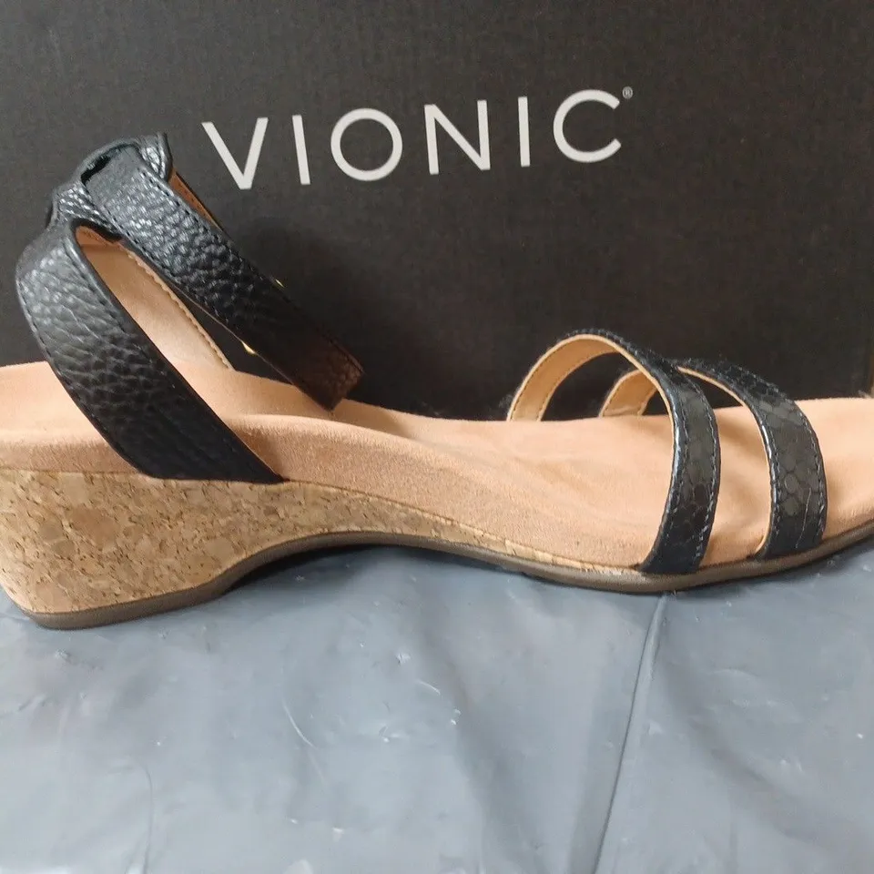 BOXED PAIR OF BLACK WEDGE HEEL SANDALS SIZE UNSPECIFIED